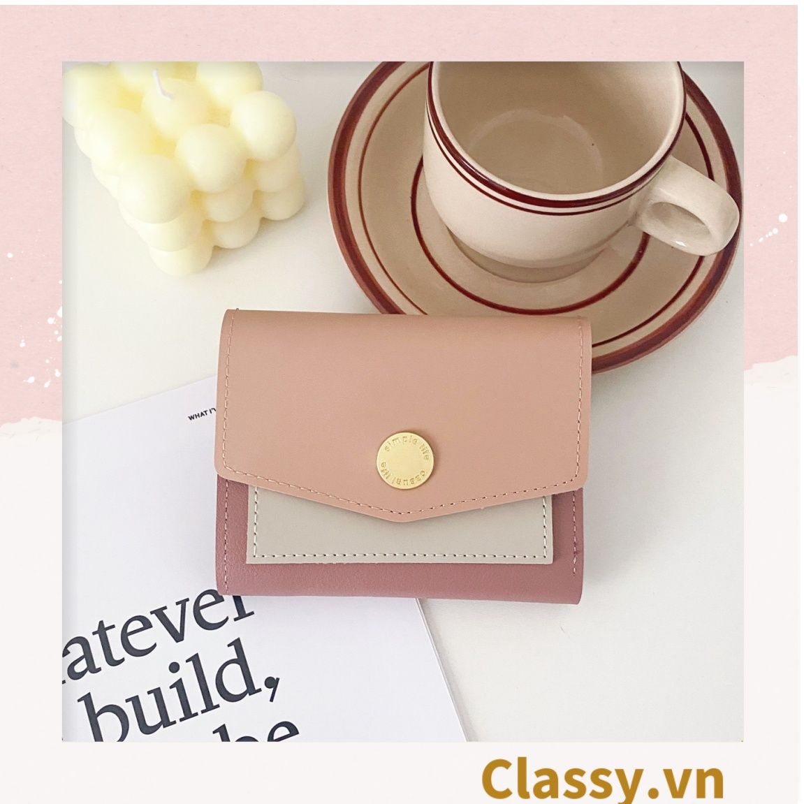 Ví nữ mini cầm tay cao cấp, màu trơn, có nút bấm T1161