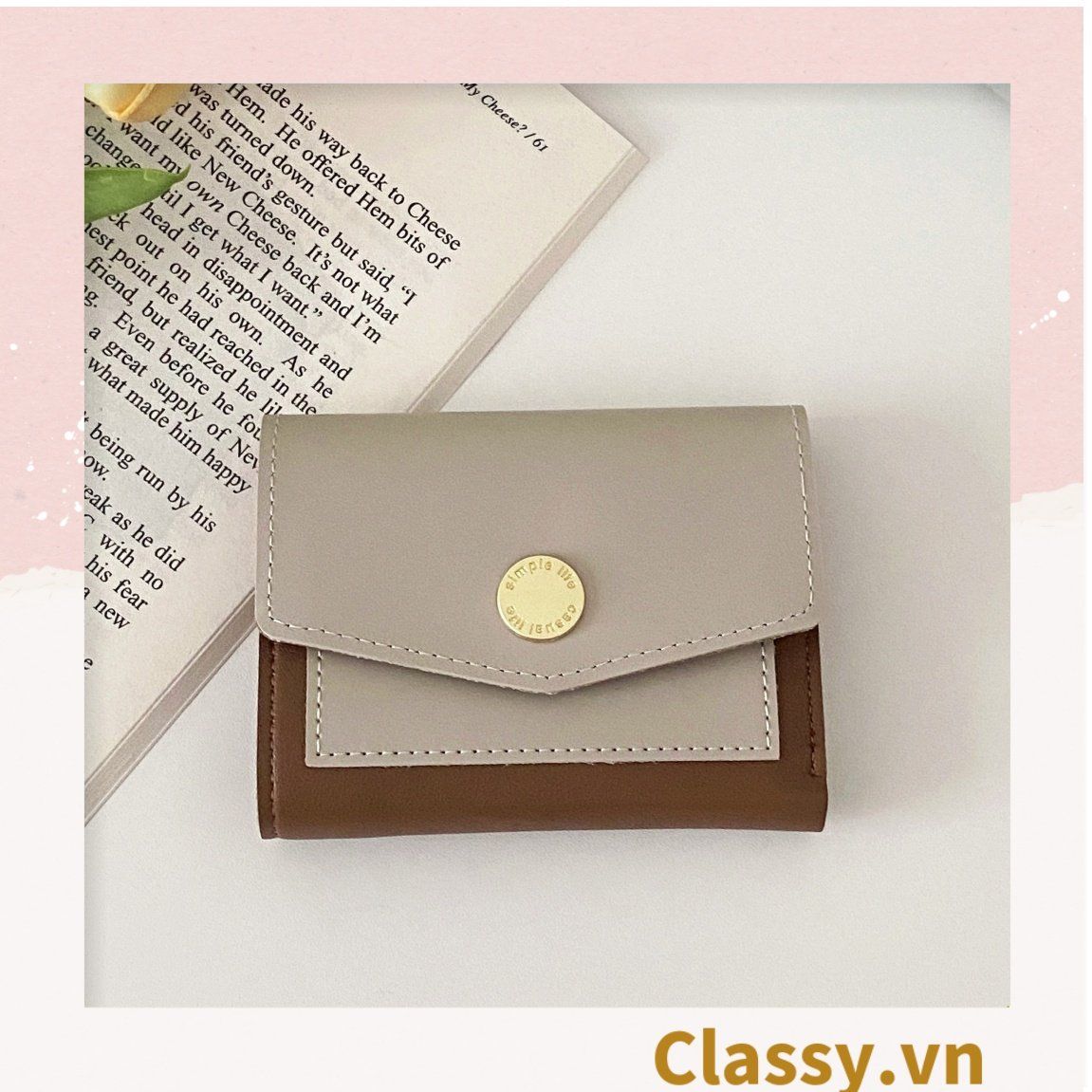 Ví nữ mini cầm tay cao cấp, màu trơn, có nút bấm T1161