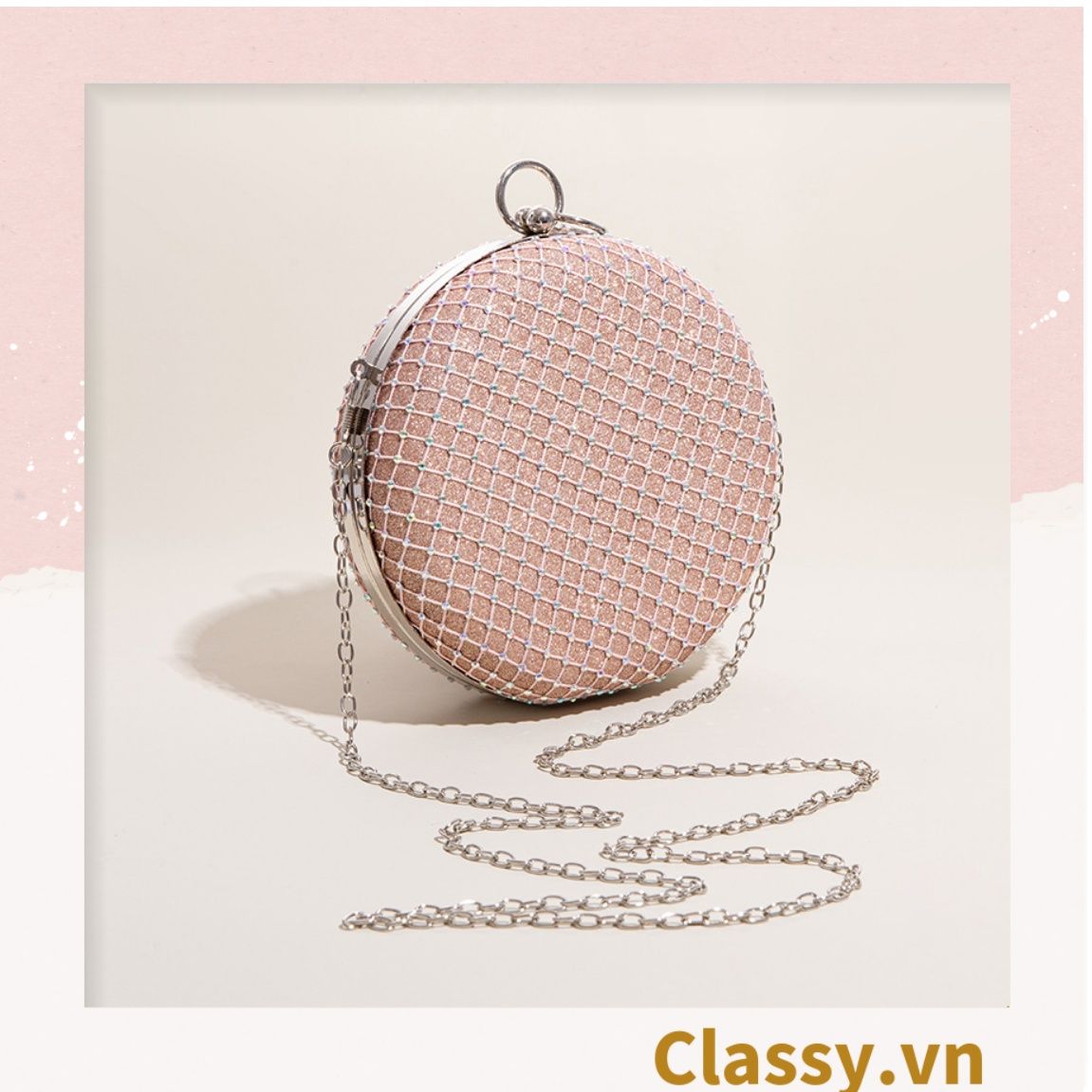  Clutch cầm tay, đeo chéo hình tròn màu hồng 16.5x6cm, đính hạt xung quanh sang trọng T1192 