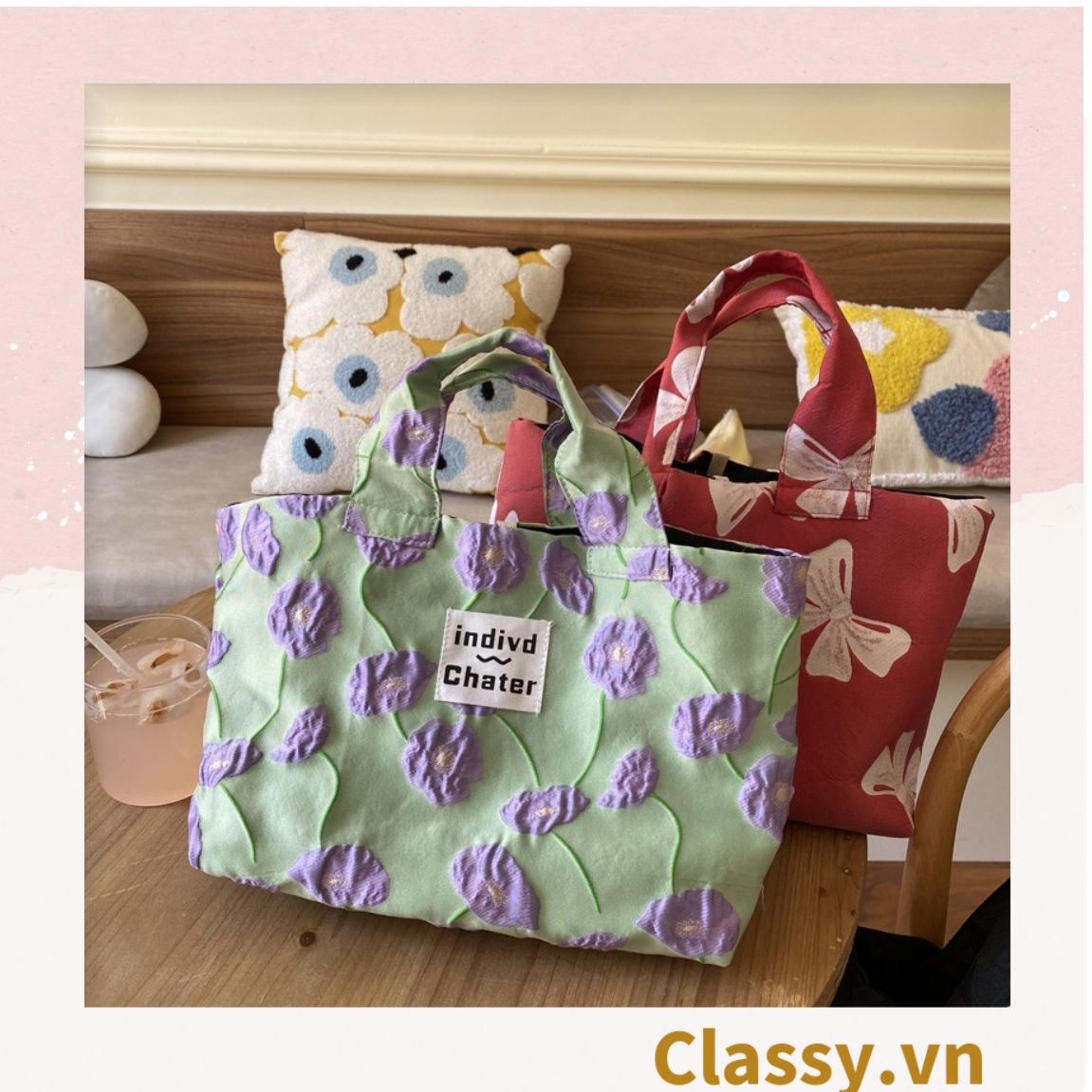 Túi vải hoa nhí xách tay 27x11x21CM, họa tiết in nổi, không ra màu T1224