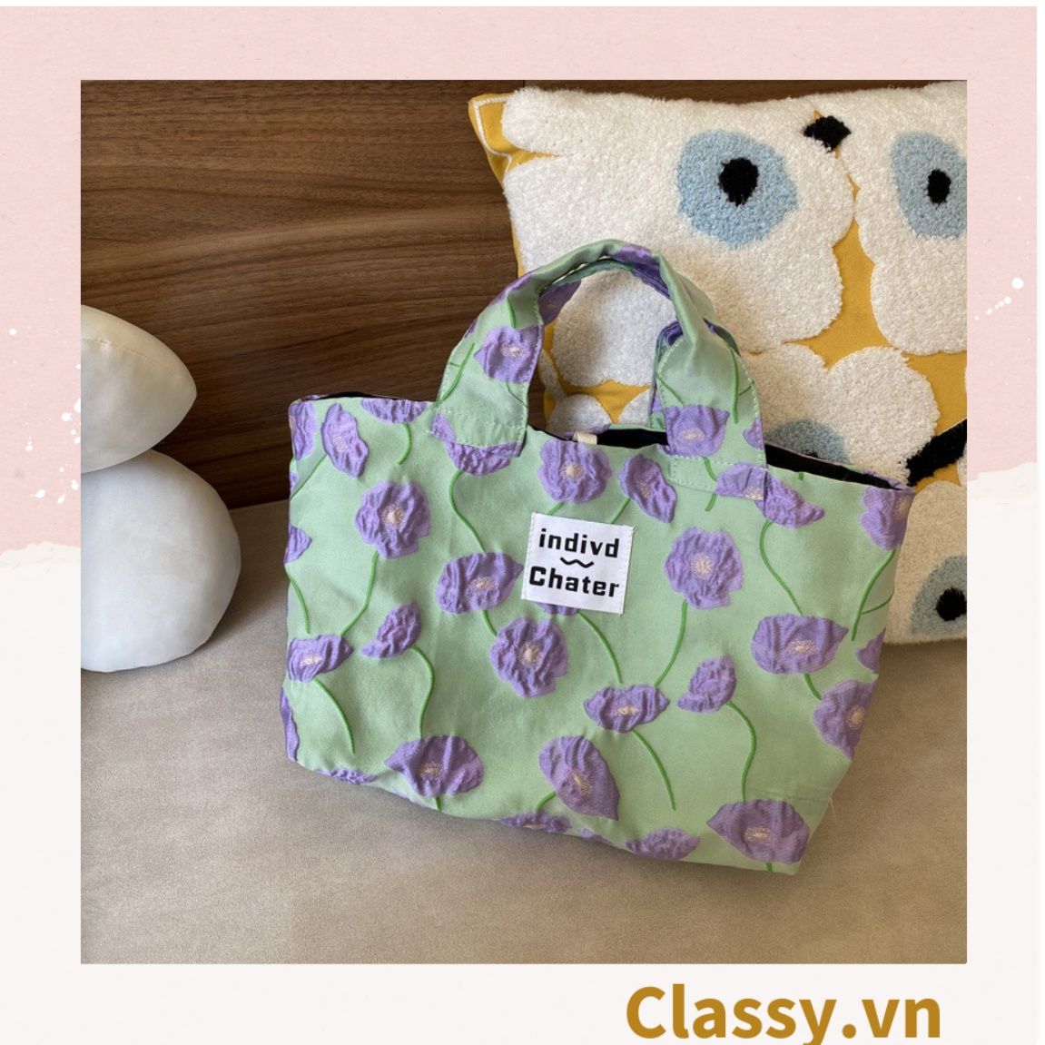 Túi vải hoa nhí xách tay 27x11x21CM, họa tiết in nổi, không ra màu T1224