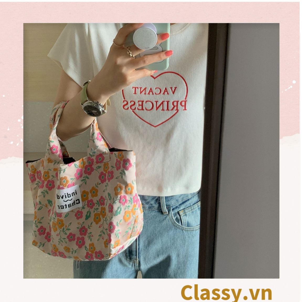 Túi vải hoa nhí xách tay 27x11x21CM, họa tiết in nổi, không ra màu T1224