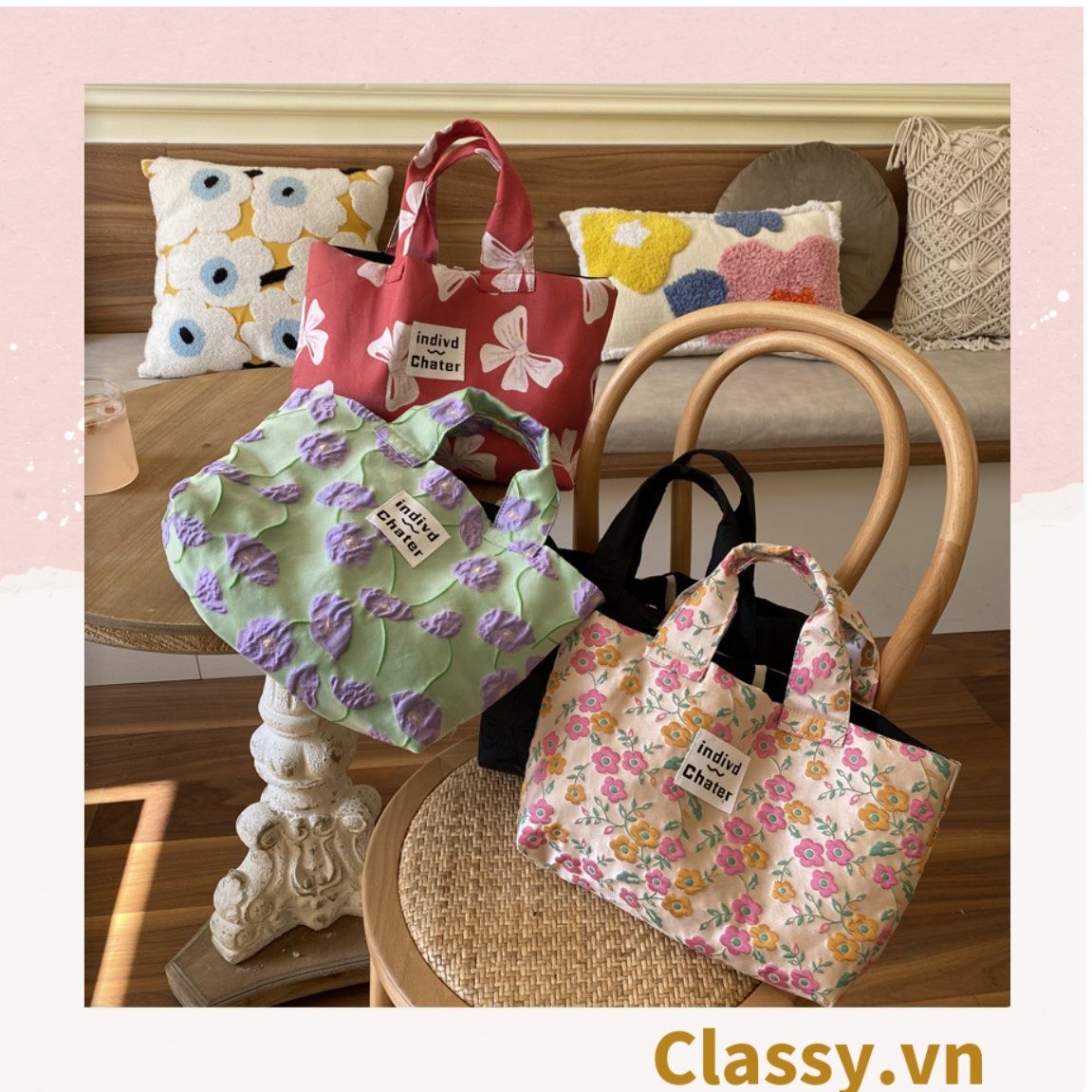 Túi vải hoa nhí xách tay 27x11x21CM, họa tiết in nổi, không ra màu T1224