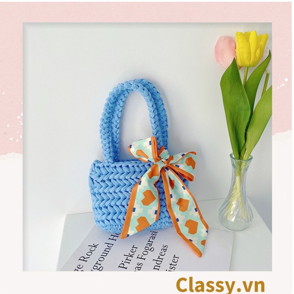 Túi dệt thủ công nhiều màu pastel, quai xách chắc chắn có đính kèm nơ thời trang T1240