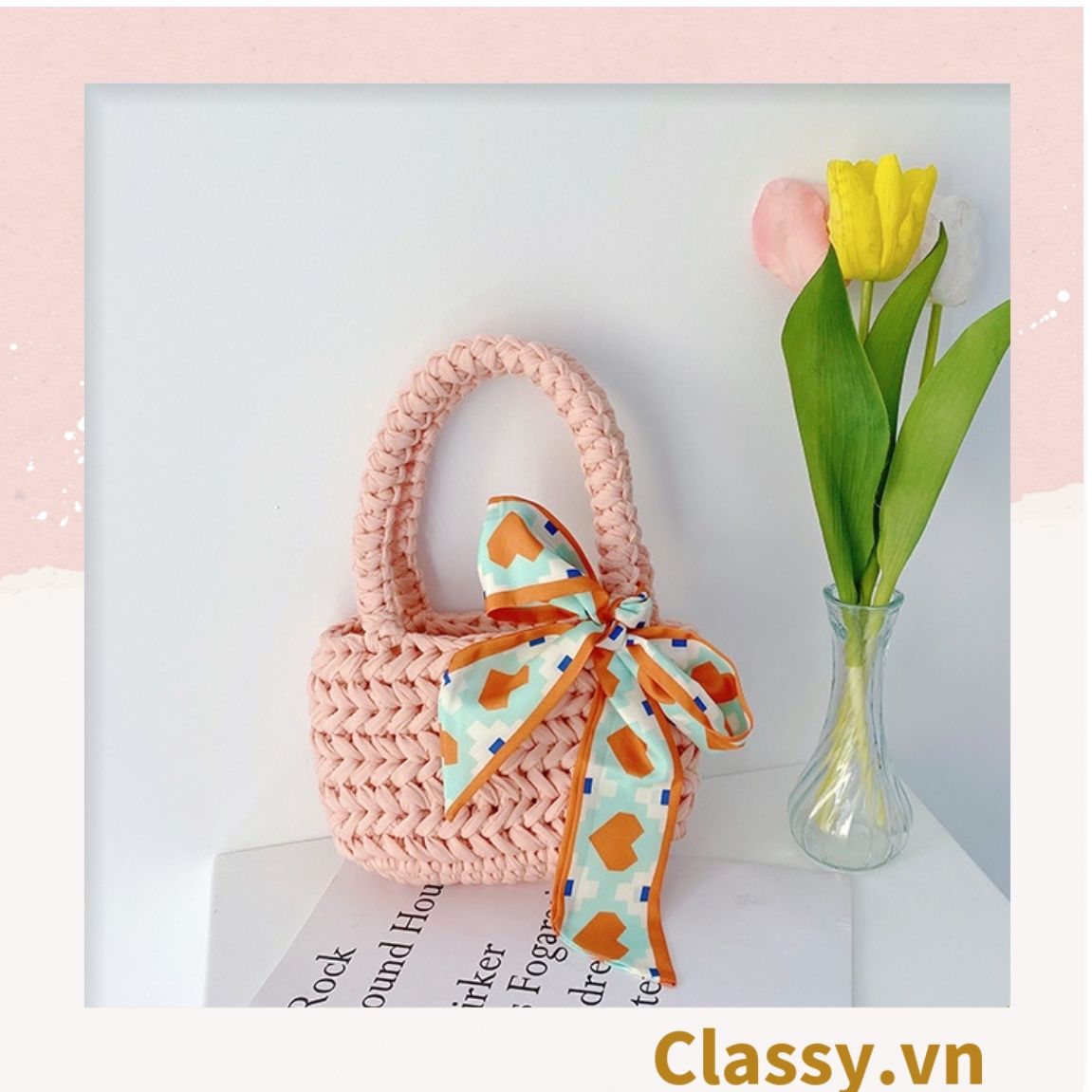 Túi dệt thủ công nhiều màu pastel, quai xách chắc chắn có đính kèm nơ thời trang T1240