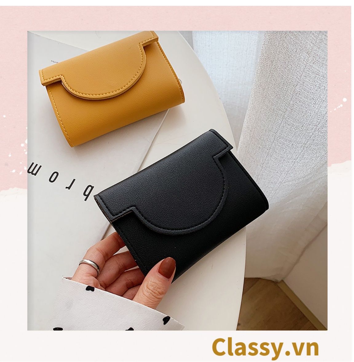Ví nữ ngắn dạng gập màu trơn, nhiều ngăn đựng thẻ, có nút bấm T1308