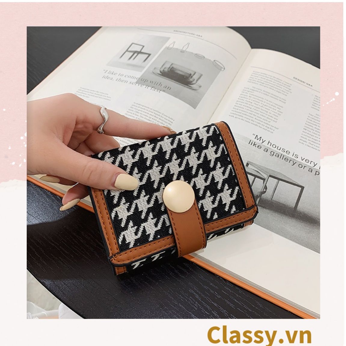 Ví ngắn nữ phong cách cổ điển, nhiều ngăn đựng thẻ, có nút bấm T1310