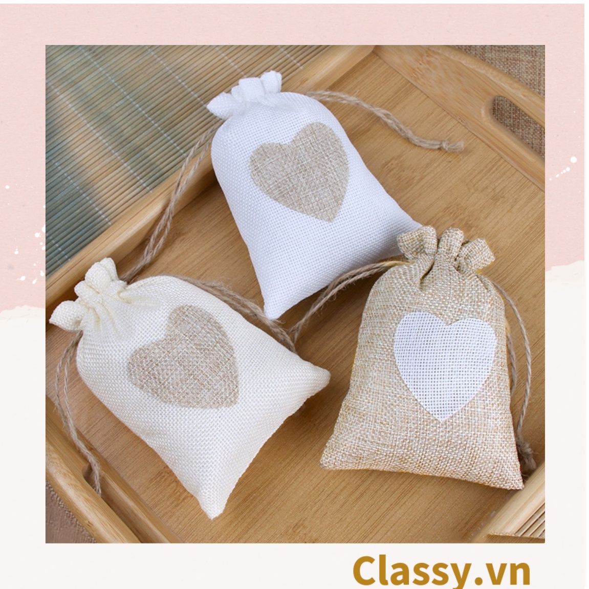 úi dây rút bằng vải lanh kích thước 10x14CM mặt trước in trái tim T1355