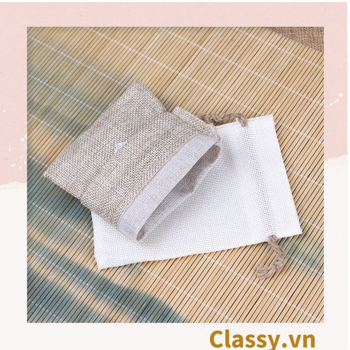 úi dây rút bằng vải lanh kích thước 10x14CM mặt trước in trái tim T1355