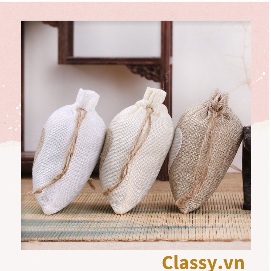 úi dây rút bằng vải lanh kích thước 10x14CM mặt trước in trái tim T1355