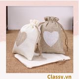  Túi dây rút bằng vải lanh kích thước 10x14CM mặt trước in trái tim T1355 