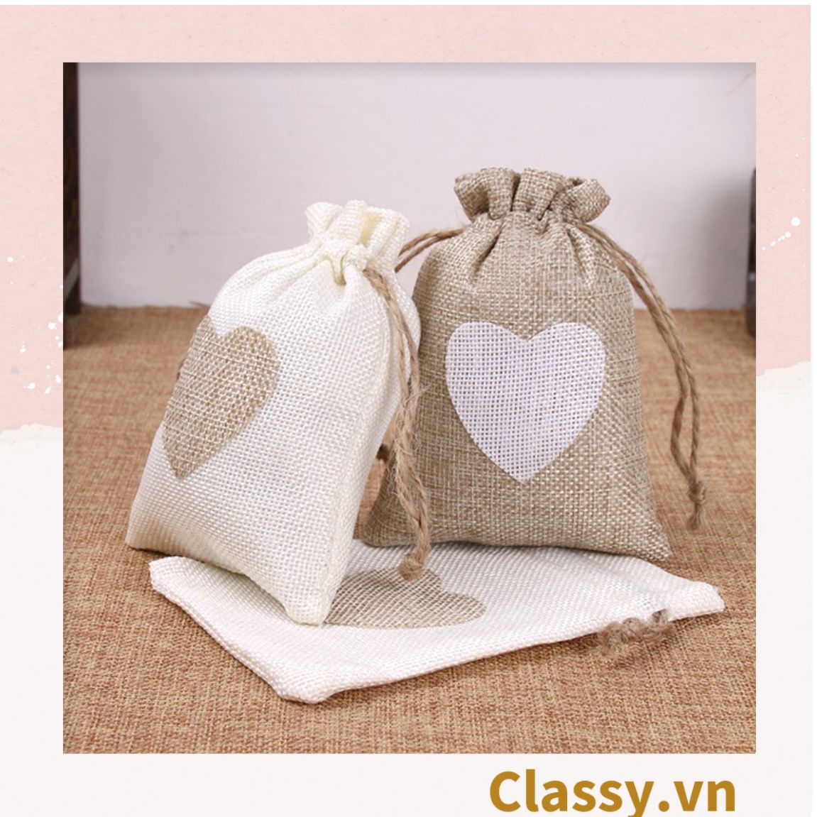 úi dây rút bằng vải lanh kích thước 10x14CM mặt trước in trái tim T1355
