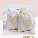  Túi dây rút bằng vải lanh kích thước 10x14CM mặt trước in trái tim T1355 