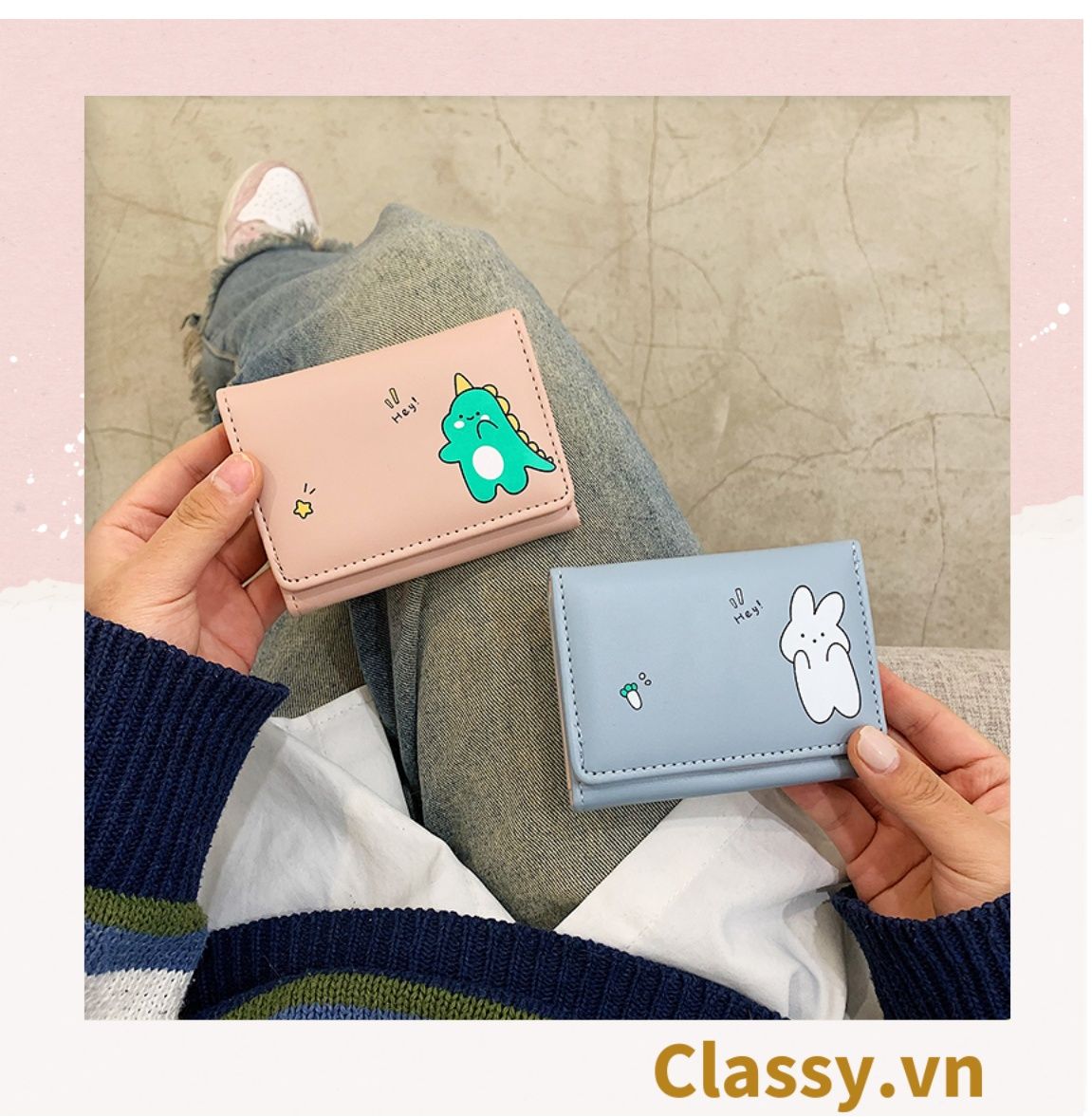  Classy Ví da nữ dạng gập, hình gấu thỏ khủng long, cài nút bấm T1499 