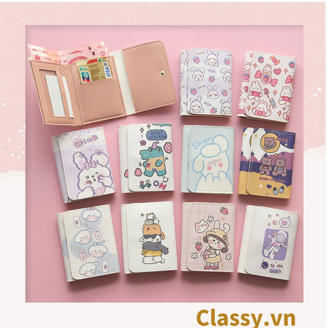 Classy Ví da nữ dạng gập, hoạt tiết họa hình nhiều kiểu dễ thương T1543