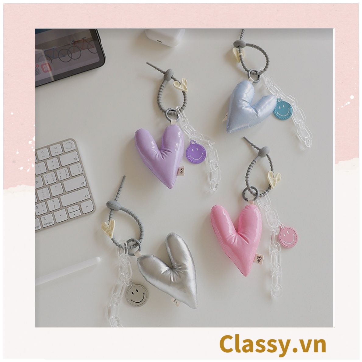 Classy Móc khóa đeo túi, ba lô hình trái tim metalic, móc khóa điện thoại, balo, ví T1766