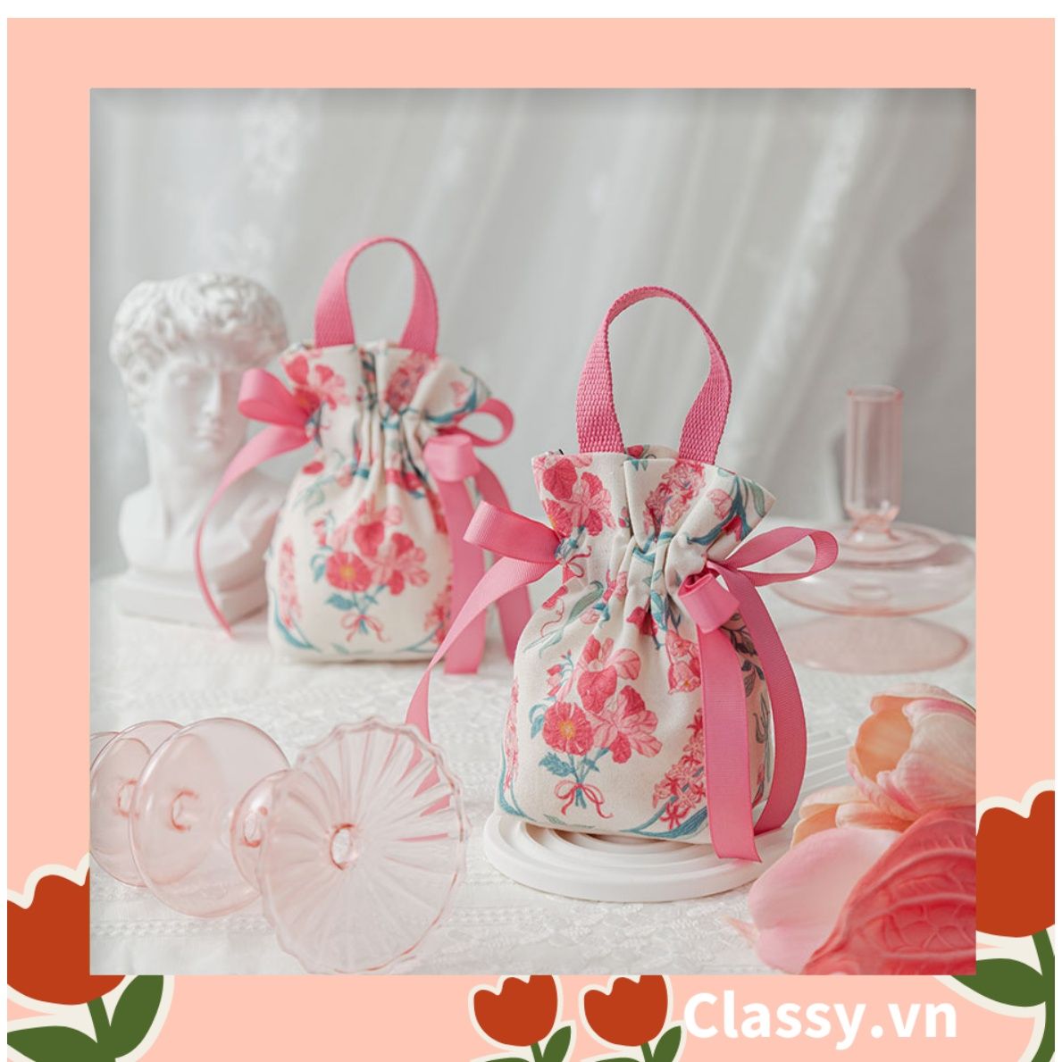 Túi vải dây rút kèm lớp voan lụa, đính hạt xinh xắn dùng đựng quà tặng NOEL, lễ tết, đám cưới T1822