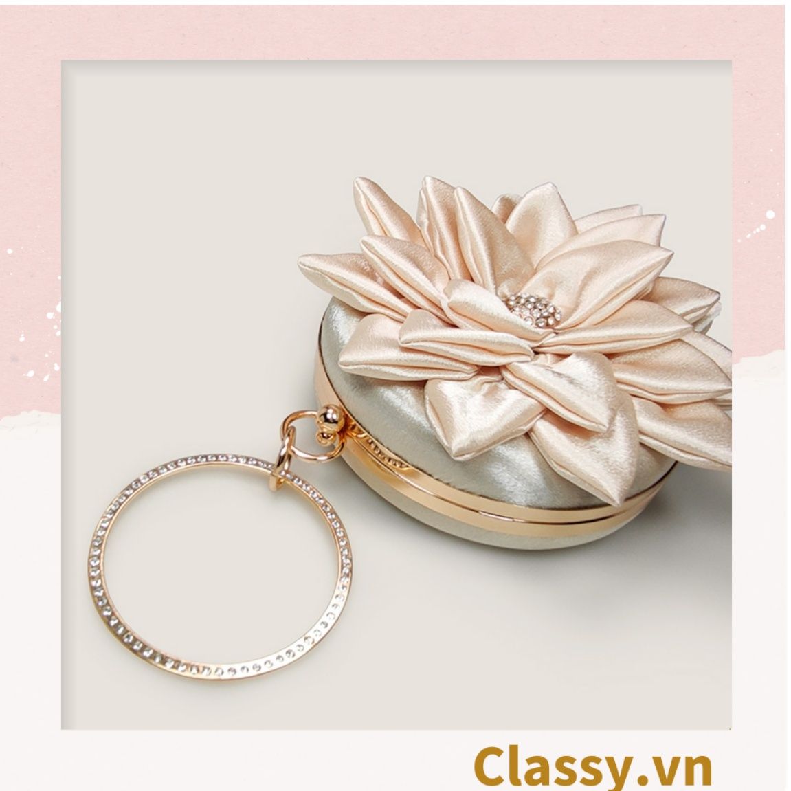  Cốp dự tiệc, Clutch cầm tay, Túi xách nữ đi tiệc Vintage Cánh hoa Lụa satin Hồng be tinh tế phù hợp dự tiệc, mặc áo dài, hẹn hò tối T199 