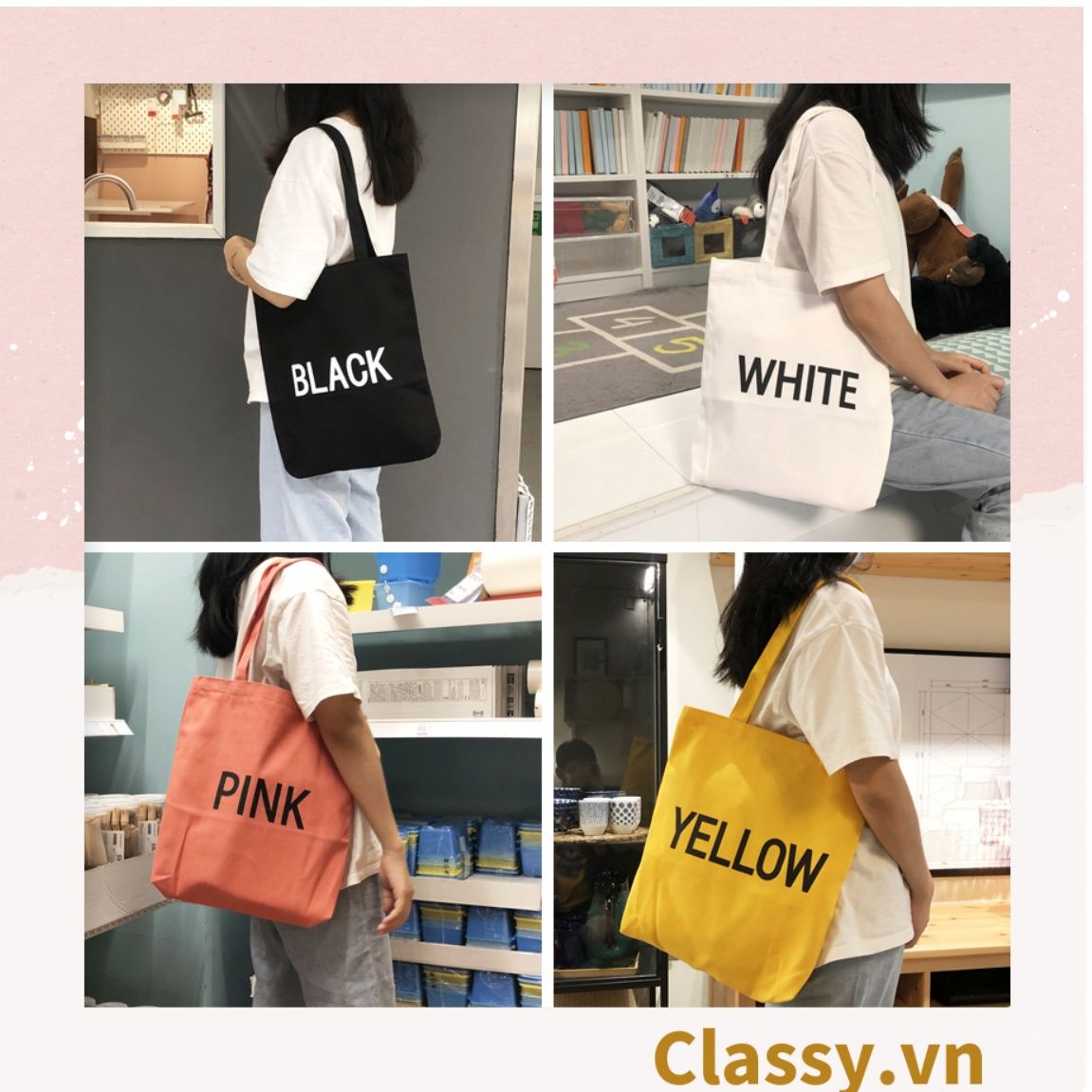  Túi vải Canvas 38 * 34 cm Bốn Màu in chữ White, Pink, Black, Yellow, Thân thiện với môi trường T222 