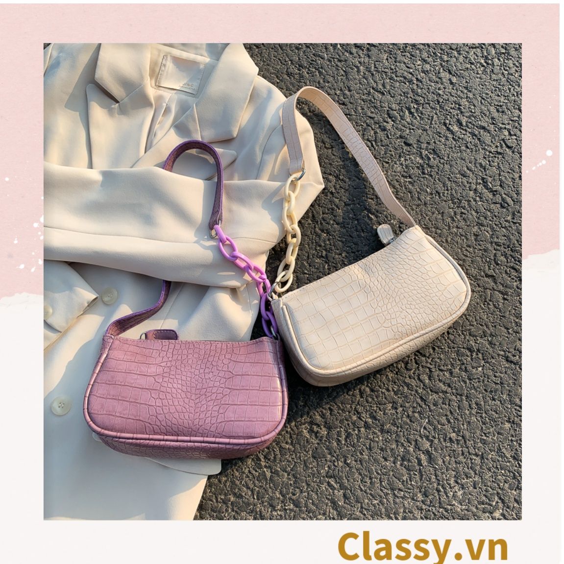 Túi đeo vai dây xích màu trà sữa kiểu dáng Vintage phong cách Retro - đủ 7 màu sắc lựa chọn T252
