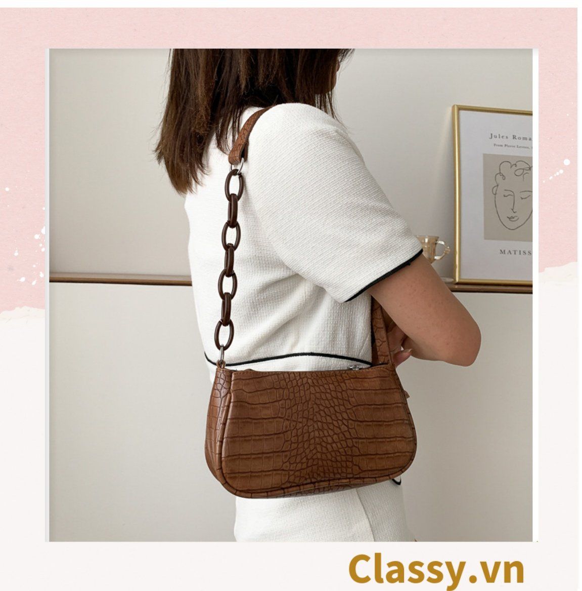 Túi đeo vai dây xích màu trà sữa kiểu dáng Vintage phong cách Retro - đủ 7 màu sắc lựa chọn T252
