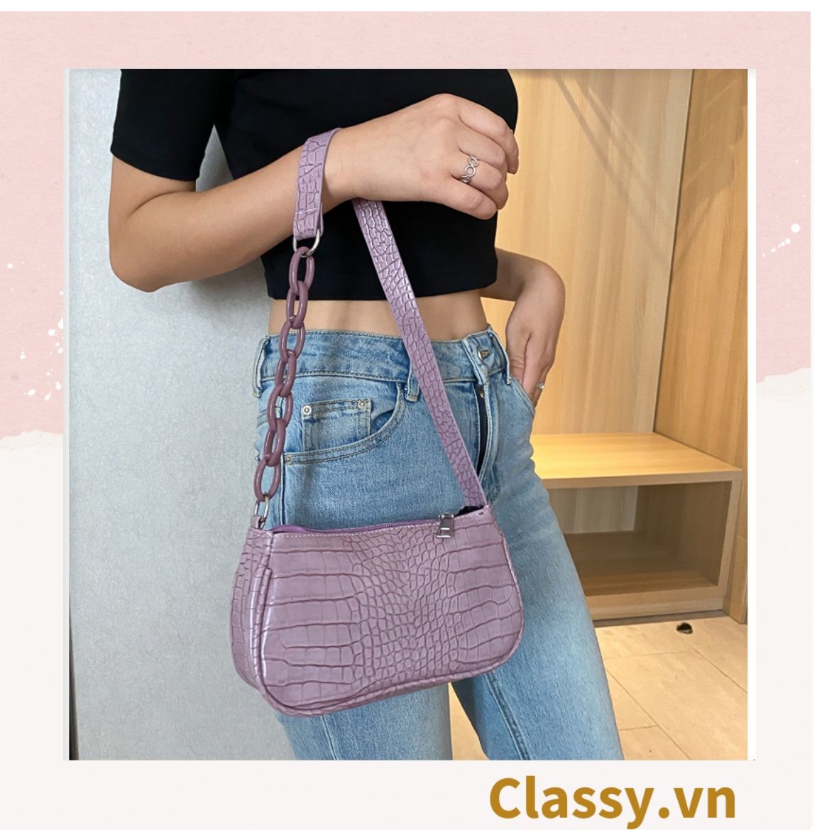 Túi đeo vai dây xích màu trà sữa kiểu dáng Vintage phong cách Retro - đủ 7 màu sắc lựa chọn T252