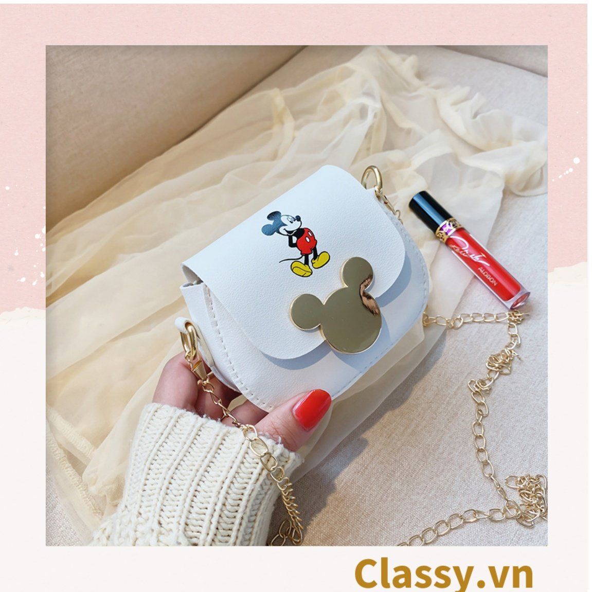 Túi xách đeo chéo da trơn khóa mickey siêu xinh, đủ màu