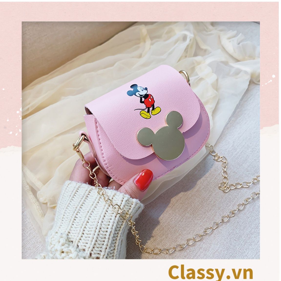 Túi xách đeo chéo da trơn khóa mickey siêu xinh, đủ màu