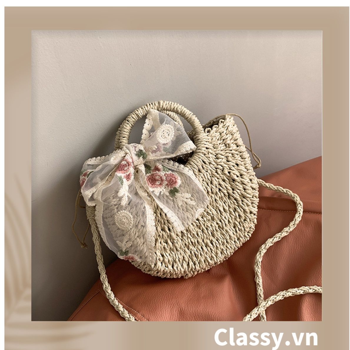 Túi cói hình bán nguyệt, có dây đeo chéo kiểu dáng Vintage, có lớp lót trong rộng rãi T324