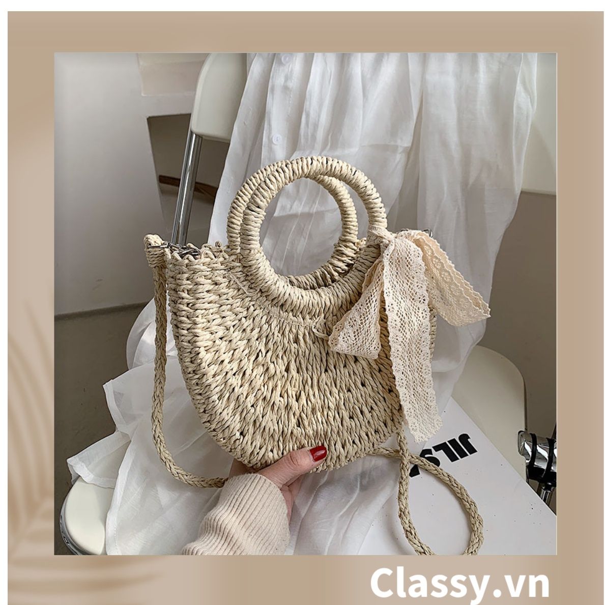 Túi cói hình bán nguyệt, có dây đeo chéo kiểu dáng Vintage, có lớp lót trong rộng rãi T324
