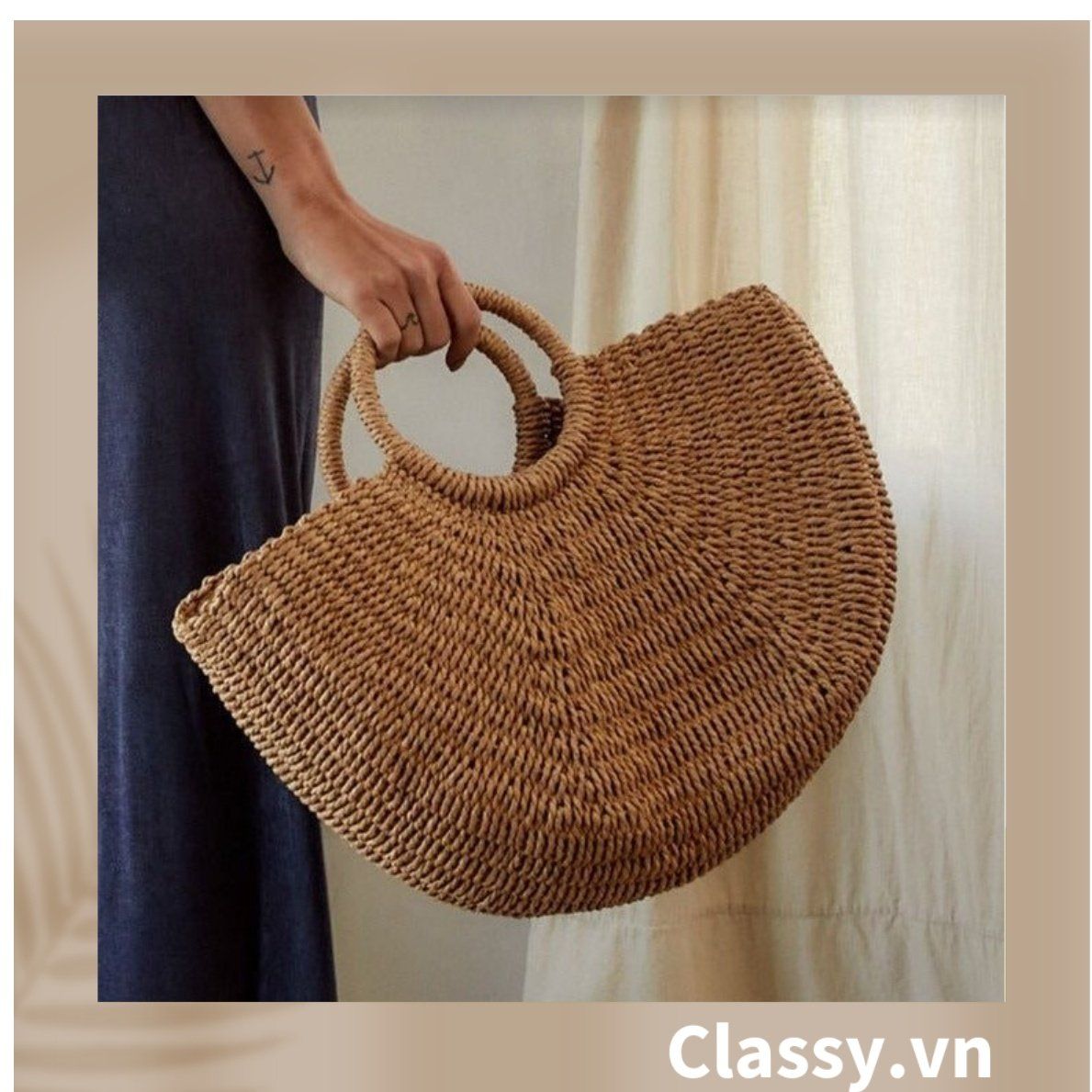 Túi cói hình bán nguyệt, có dây đeo chéo kiểu dáng Vintage, có lớp lót trong rộng rãi T324