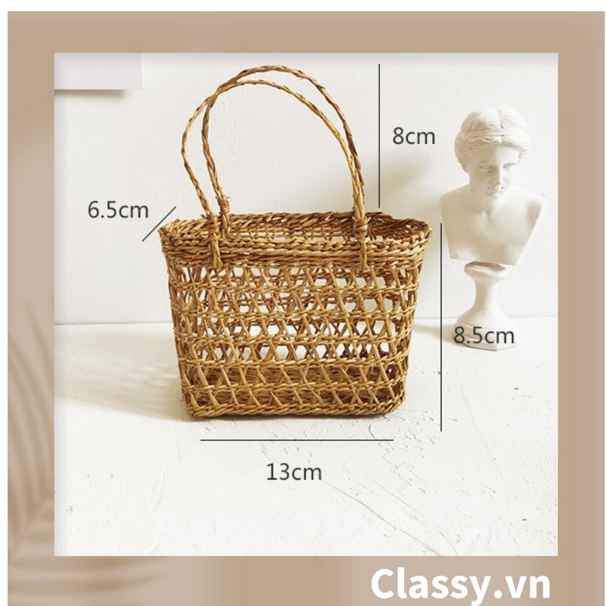 Túi cói làn cói mắt cáo trơn đi biển có nơ, kiểu dáng Vintage, đan thủ công bởi thợ Việt Nam T328