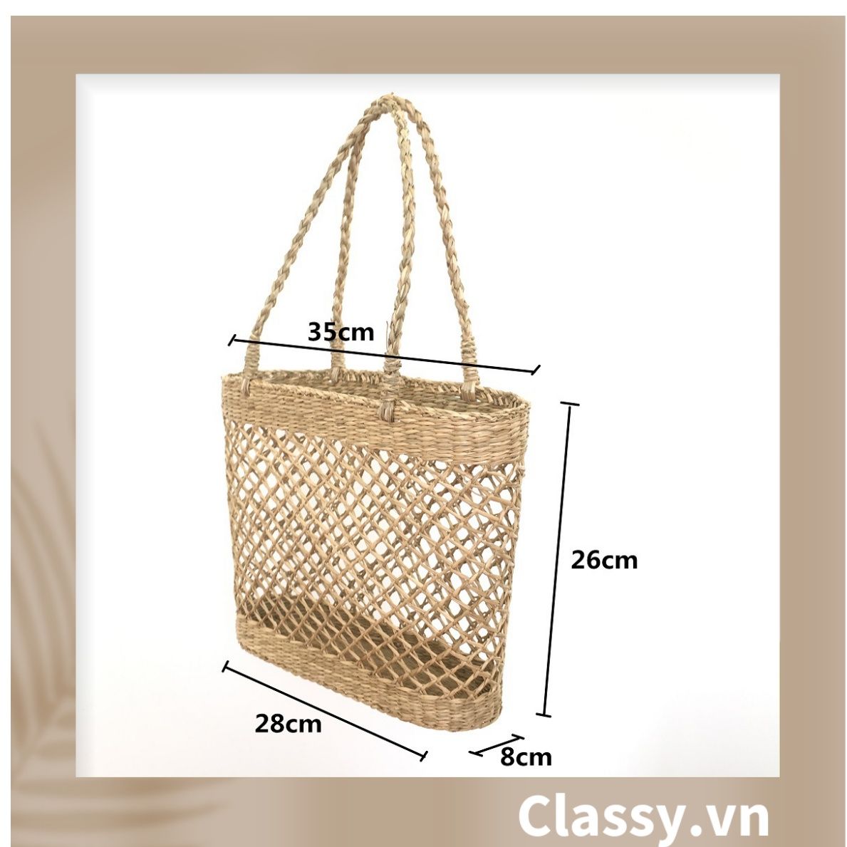  Túi cói làn cói mắt cáo trơn đi biển có nơ, kiểu dáng Vintage, đan thủ công bởi thợ Việt Nam T328 