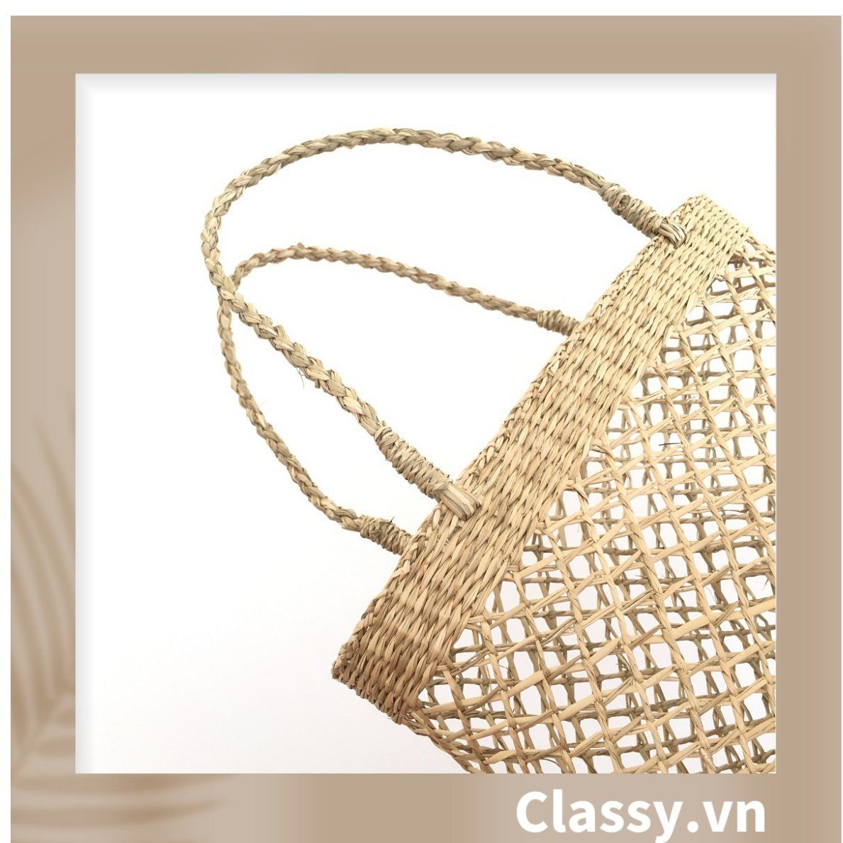Túi cói làn cói mắt cáo trơn đi biển có nơ, kiểu dáng Vintage, đan thủ công bởi thợ Việt Nam T328