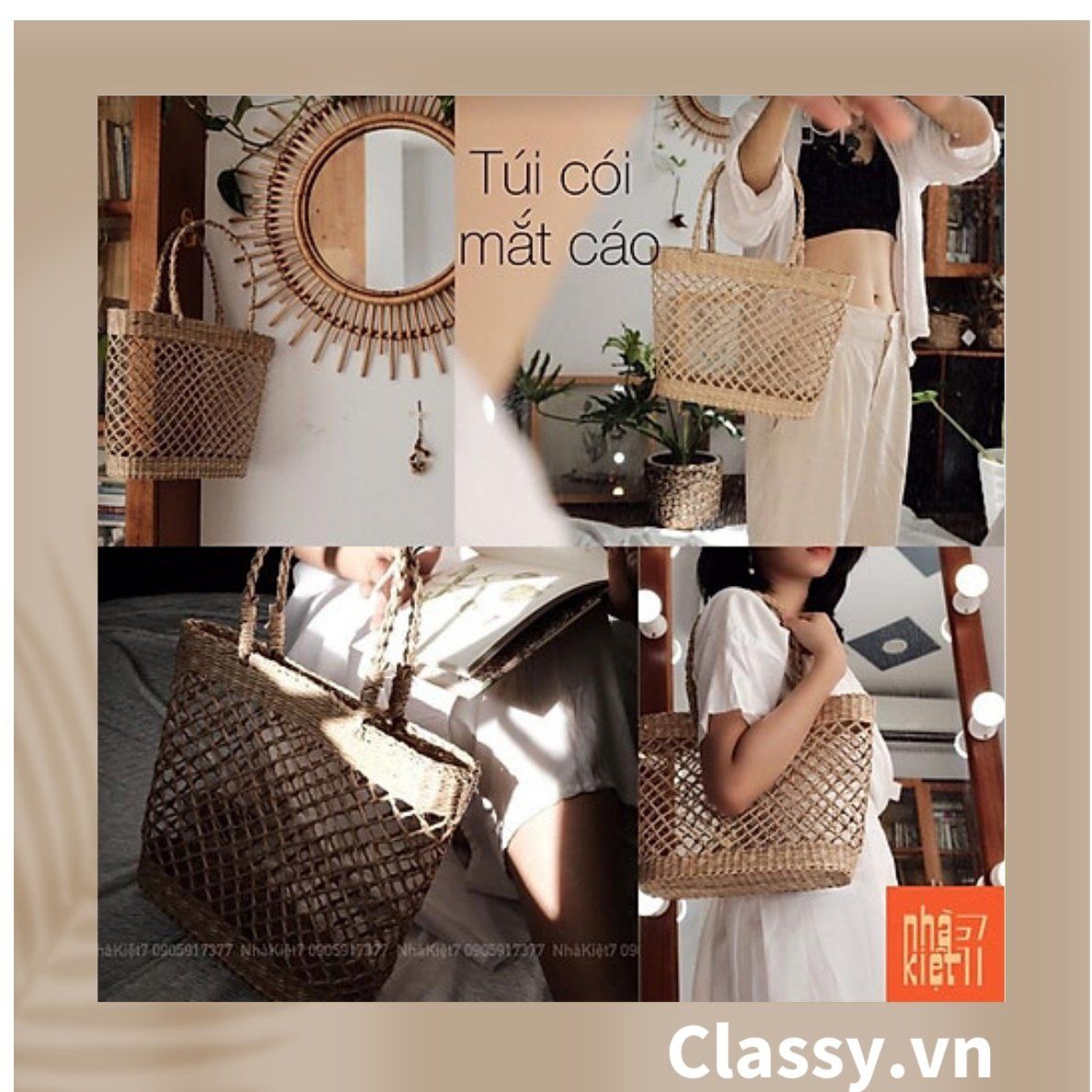 Túi cói làn cói mắt cáo trơn đi biển có nơ, kiểu dáng Vintage, đan thủ công bởi thợ Việt Nam T328