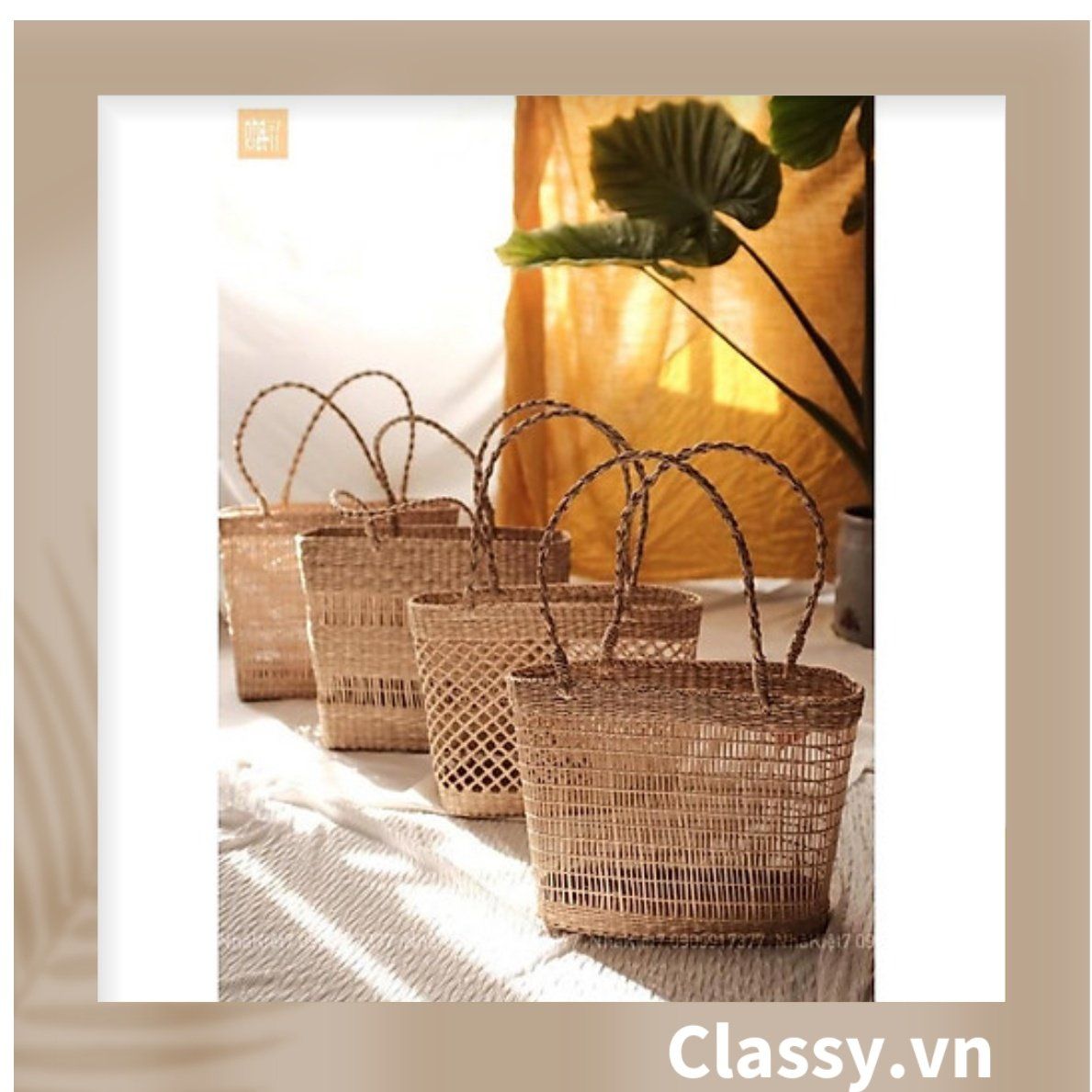 Túi cói làn cói mắt cáo trơn đi biển có nơ, kiểu dáng Vintage, đan thủ công bởi thợ Việt Nam T328