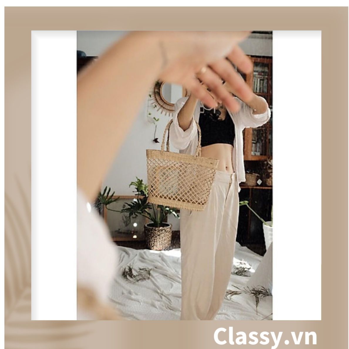Túi cói làn cói mắt cáo trơn đi biển có nơ, kiểu dáng Vintage, đan thủ công bởi thợ Việt Nam T328