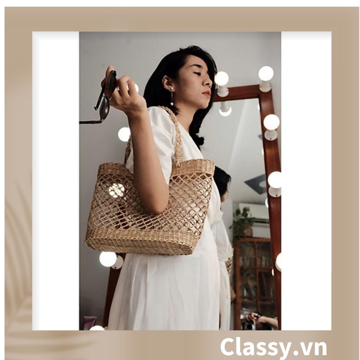 Túi cói làn cói mắt cáo trơn đi biển có nơ, kiểu dáng Vintage, đan thủ công bởi thợ Việt Nam T328