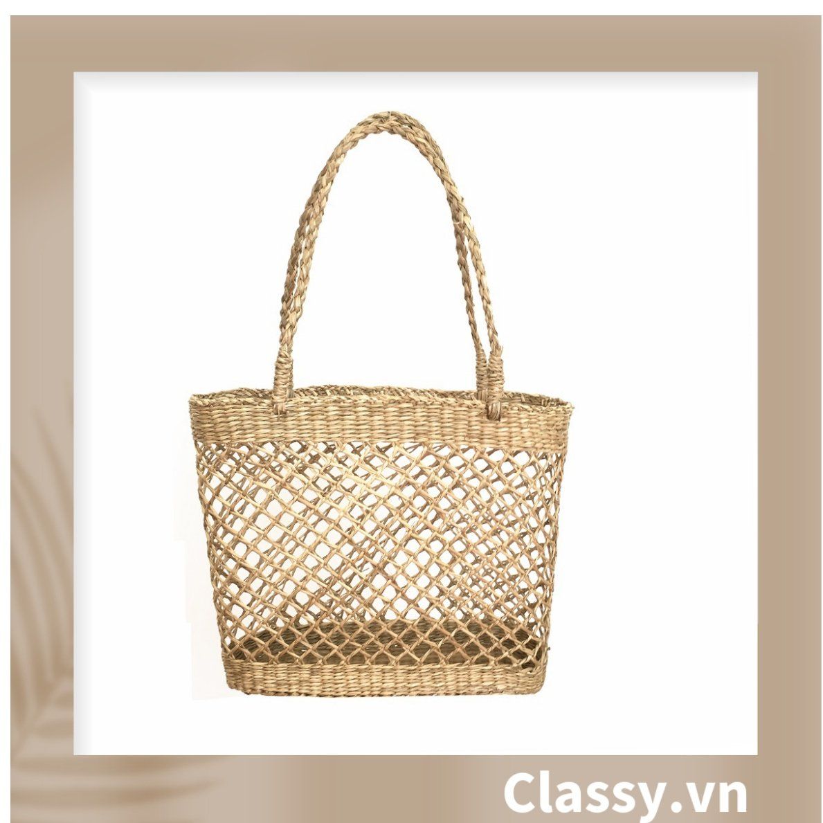 Túi cói làn cói mắt cáo trơn đi biển có nơ, kiểu dáng Vintage, đan thủ công bởi thợ Việt Nam T328
