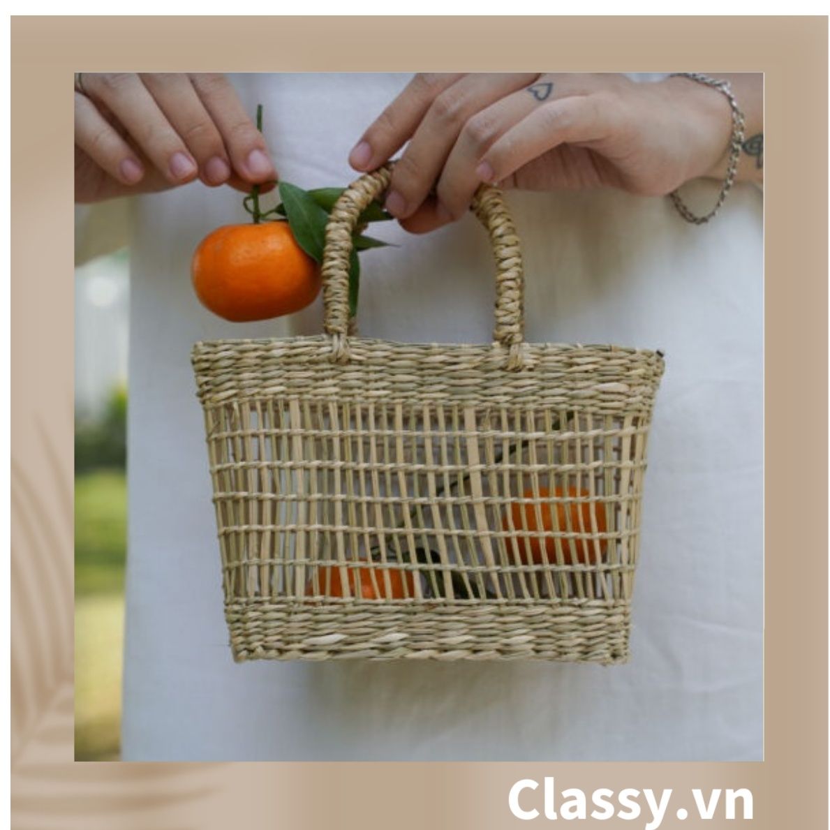 Túi cói làn cói mắt cáo trơn đi biển có nơ, kiểu dáng Vintage, đan thủ công bởi thợ Việt Nam T328