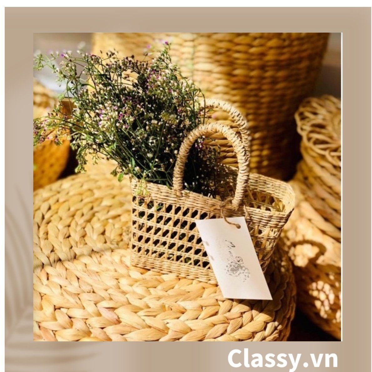 Túi cói làn cói mắt cáo trơn đi biển có nơ, kiểu dáng Vintage, đan thủ công bởi thợ Việt Nam T328
