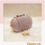  Clutch cầm tay đi tiệc màu be hình bầu dục , đính đá sequin lấp lánh T589 