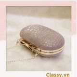  Clutch cầm tay đi tiệc màu be hình bầu dục , đính đá sequin lấp lánh T589 