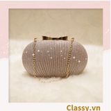  Clutch cầm tay đi tiệc màu be hình bầu dục , đính đá sequin lấp lánh T589 