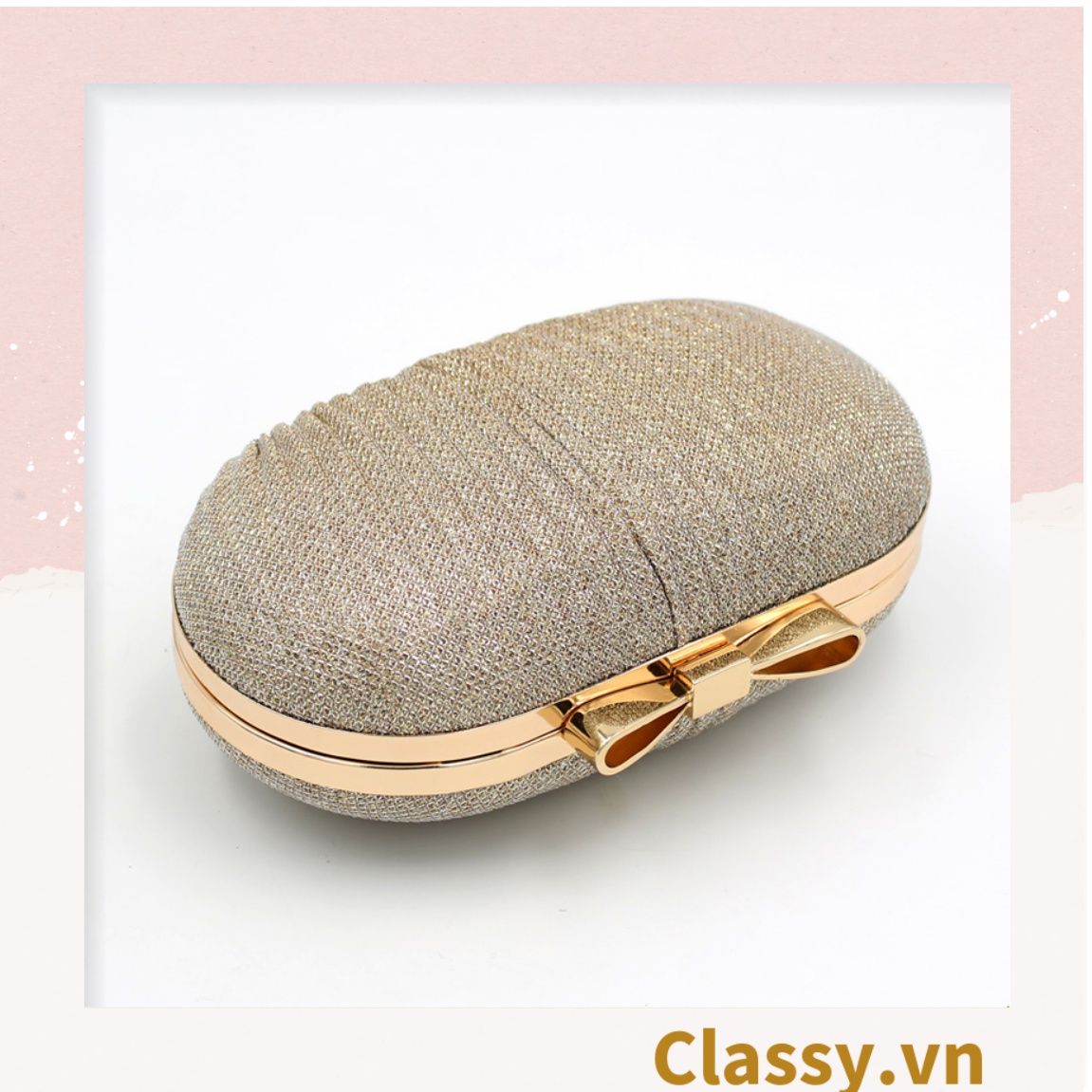  Clutch cầm tay đi tiệc màu be hình bầu dục , đính đá sequin lấp lánh T589 