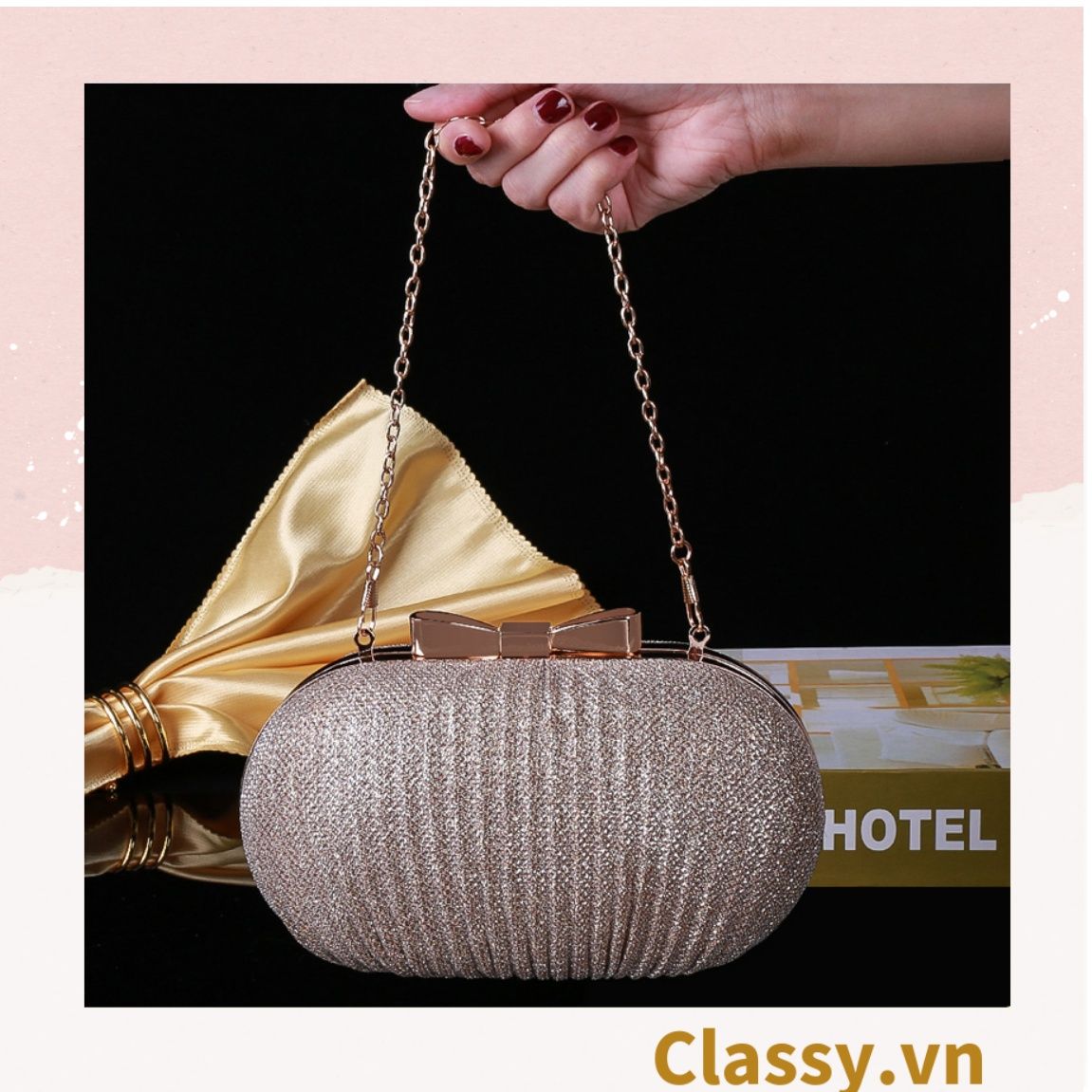  Clutch cầm tay đi tiệc màu be hình bầu dục , đính đá sequin lấp lánh T589 