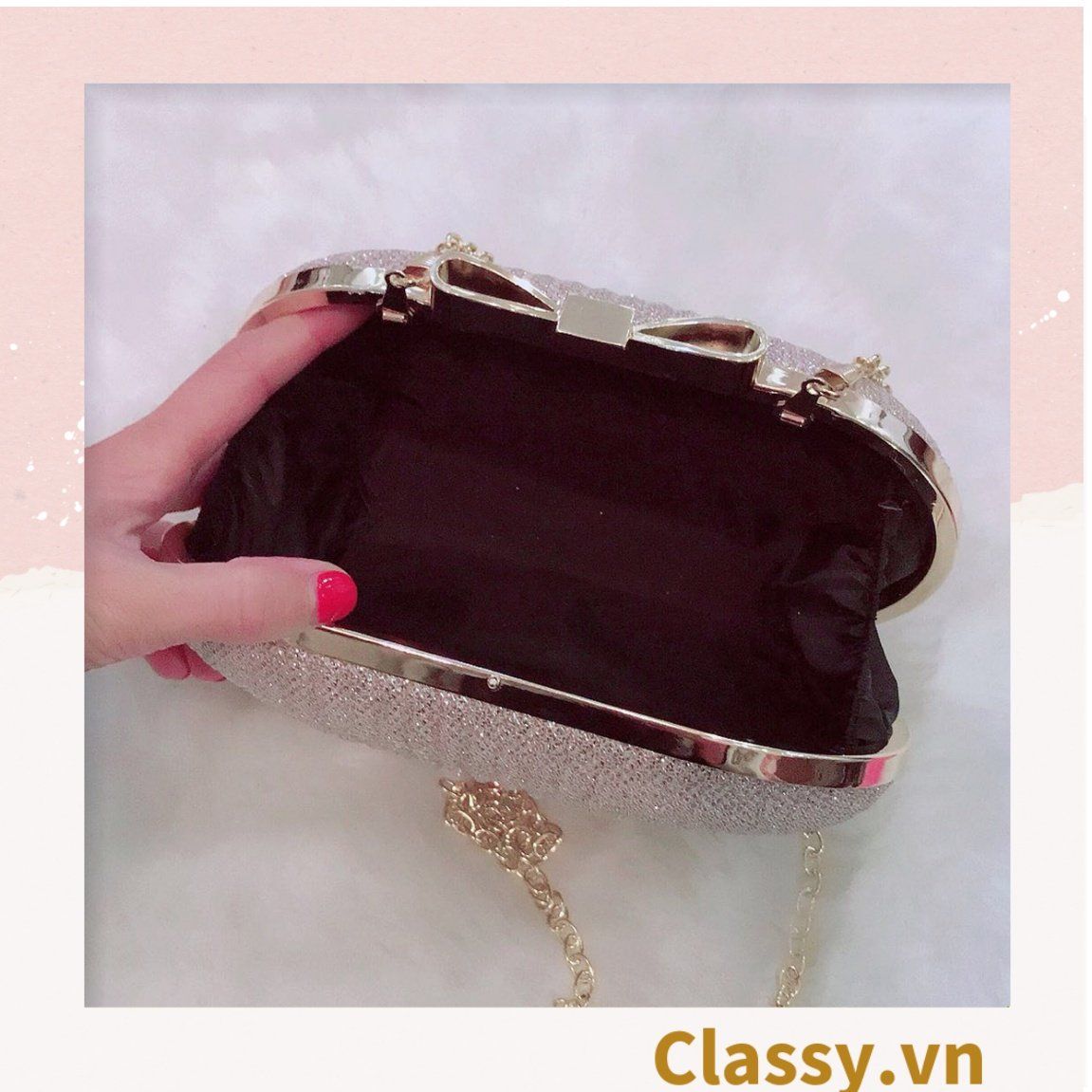  Clutch cầm tay đi tiệc màu be hình bầu dục , đính đá sequin lấp lánh T589 