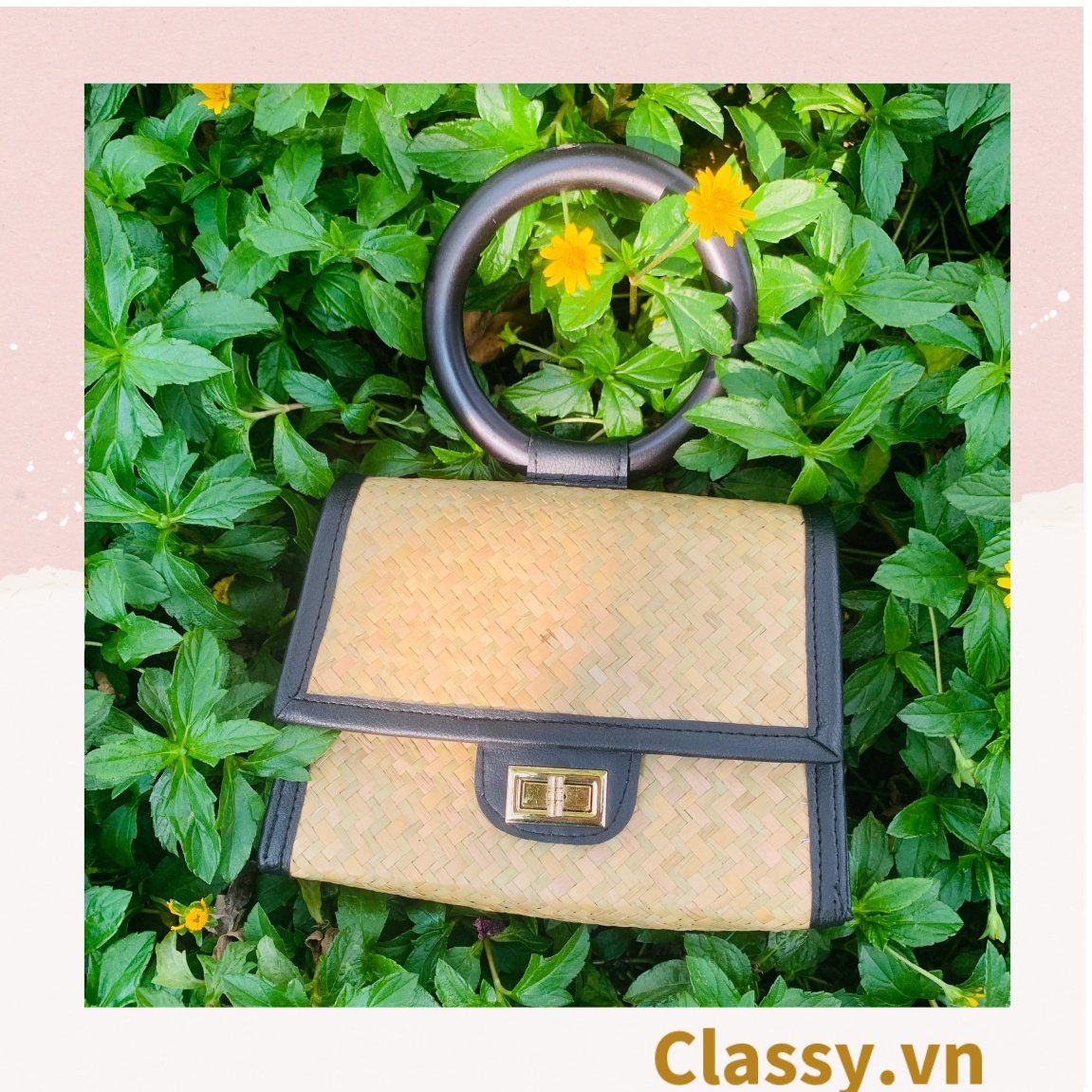 Giỏ đệm nắp quai gỗ sang chảnh tiểu thư, làm từ cỏ bàng 100% thiên nhiên, từ bàn tay thợ thủ công Việt Nam T983