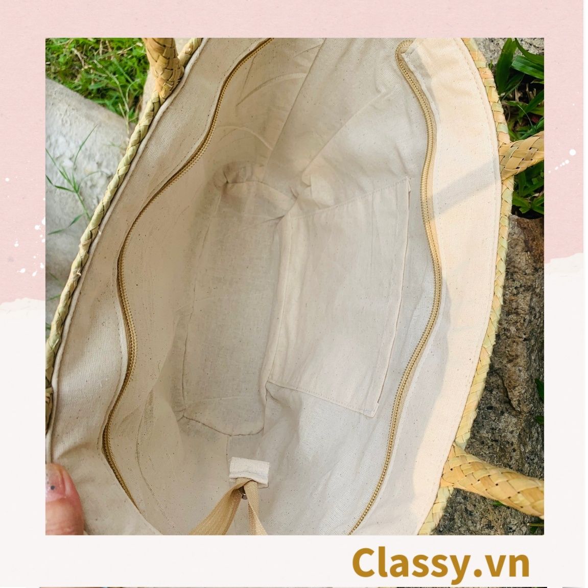 Túi cỏ bàng dáng bầu, có lớp lót làm từ cỏ bàng 100% thiên nhiên, từ bàn tay thợ thủ công Việt Nam T985