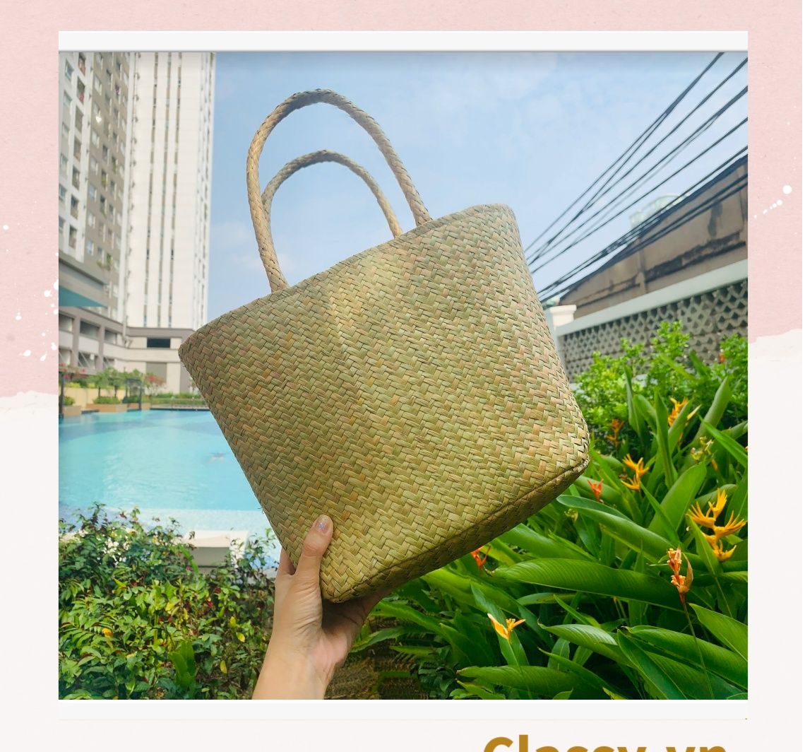 Túi cỏ bàng dáng bầu, có lớp lót làm từ cỏ bàng 100% thiên nhiên, từ bàn tay thợ thủ công Việt Nam T985